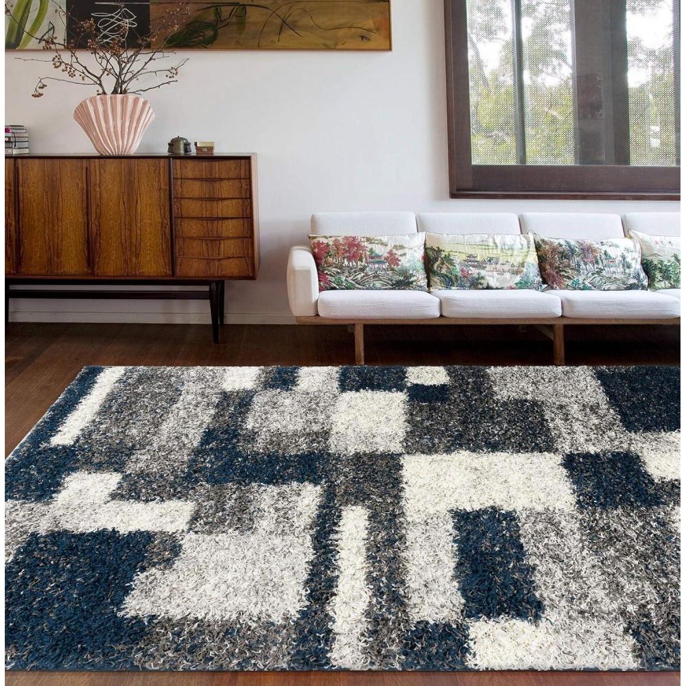 imageRugshop Navy Distressed Modern Boxes Plush Shag Area Rug NonShedding Soft for Living Room Dining Room and Bedroom 5 x 7