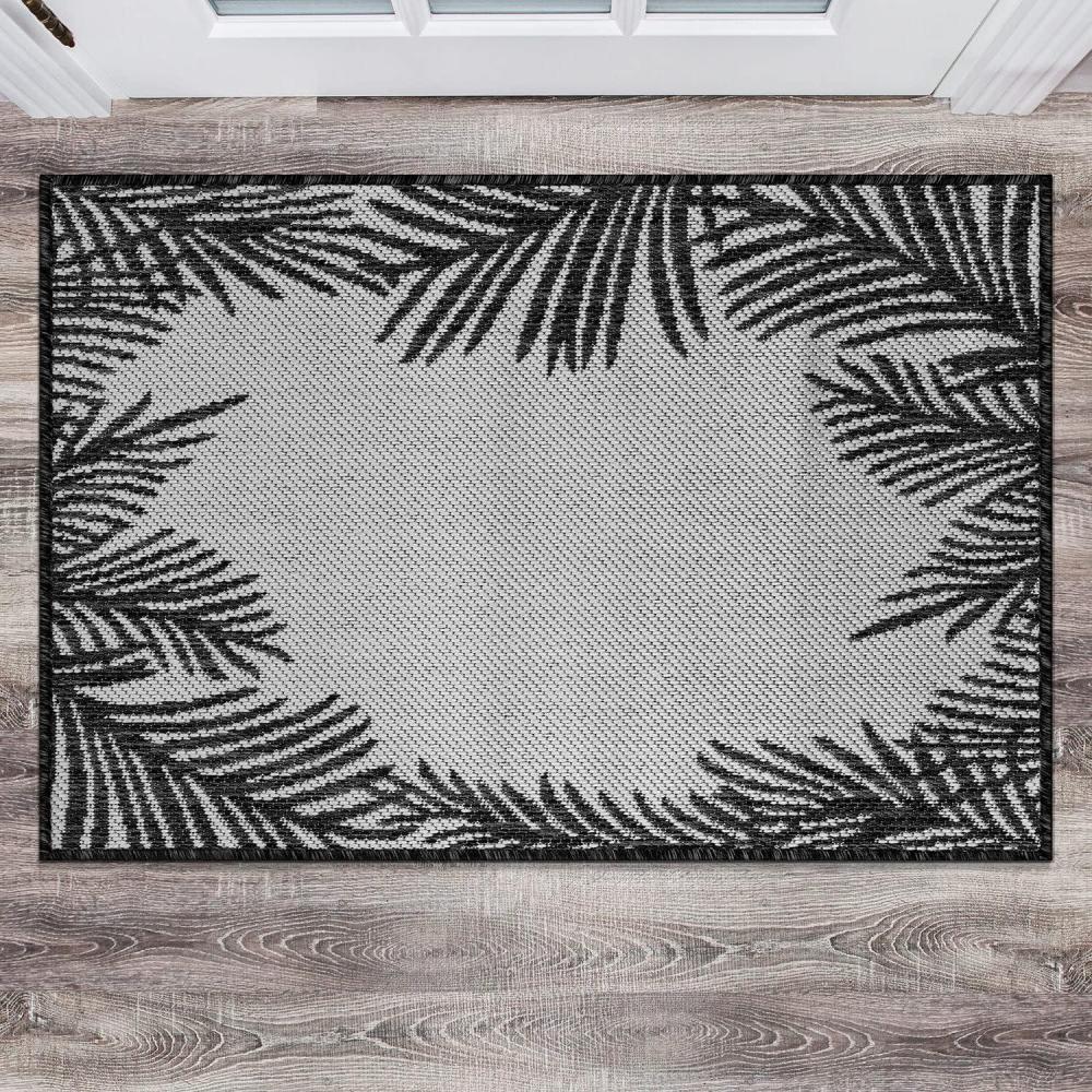 imageRugshop Tropical Floral Palm Leaves Textured Flat Weave Easy Cleaning Outdoor Rugs for DeckPatioBackyard IndoorOutdoor Area Rug 5 x 7 GreenBlack