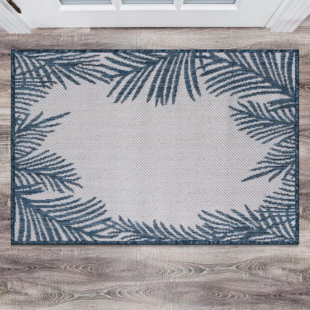 imageRugshop Tropical Floral Palm Leaves Textured Flat Weave Easy Cleaning Outdoor Rugs for DeckPatioBackyard IndoorOutdoor Area Rug 5 x 7 GreenNavy