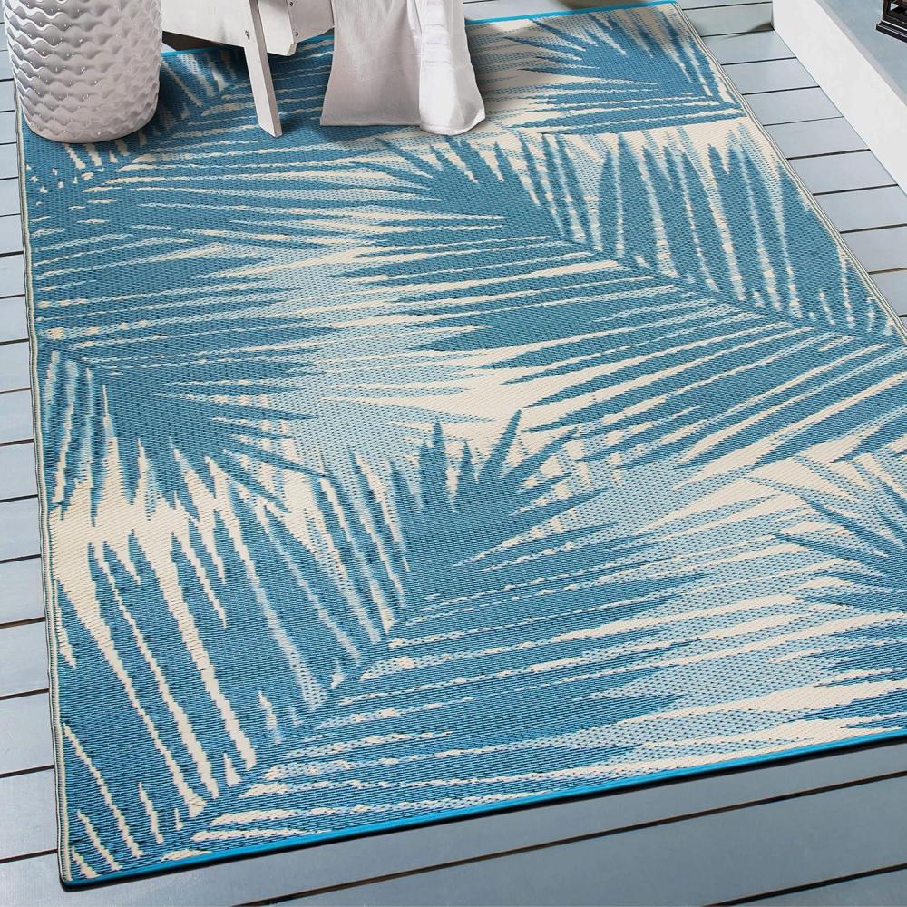 imageRugshop Tropical Floral Reversible CreaseFree Waterproof Premium Recycled Plastic Outdoor Rugs for PatioBackyardRVDeckPicnicTrailerBeachCamping Blue 5 x 7Blue