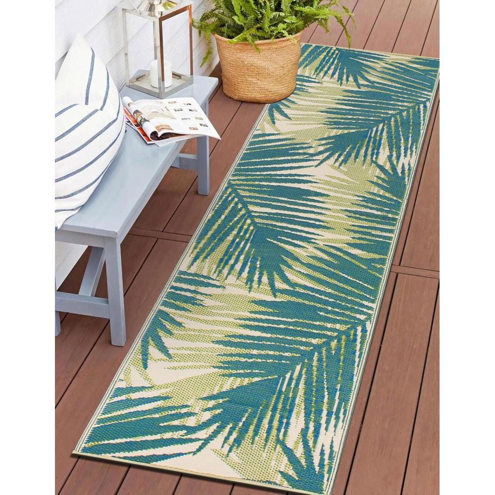 imageRugshop Tropical Floral Reversible CreaseFree Waterproof Premium Recycled Plastic Outdoor Rugs for PatioBackyardRVDeckPicnicTrailerBeachCamping Blue 5 x 7Green