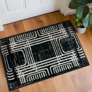 Rugshop Black and White Geometric Area Rug – Abstract Curved Line and Square Pattern Carpet for Living Room, Bedroom, or Office – Contemporary Soft Floor Décor 5′ x 7′ Black(Black)
