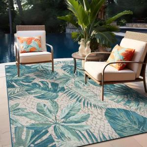 Rugshop Blue Contemporary Tropical Floral Indoor/Outdoor Area Rug — Weather Resistant for Living Room, Dining Room and Bedroom, 5’3″ x 7′