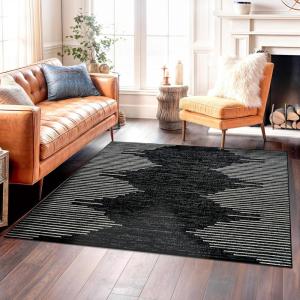 Rugshop Bohemian Stripe Stain Resistant High Traffic Living Room Kitchen Bedroom Dining Home Office Square Area Rug 6’6″ x 6’6″ Black(Black)