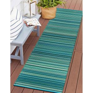 Rugshop Contemporary Stripe Reversible Crease-Free Waterproof Premium Recycled Plastic Outdoor Rugs for Patio,Backyard,RV,Deck,Picnic,Trailer,Beach,Camping Blue 5′ x 7′(Blue)