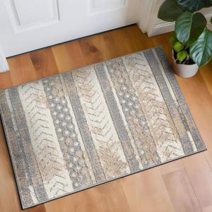 Rugshop Distressed Geometric Indoor/Outdoor Beige Area Rug Modern Tribal Stripe, Durable Stain Resistant Perfect for Patio, Backyard, Deck and Outdoor Lounge 5′ x 7′(Beige)