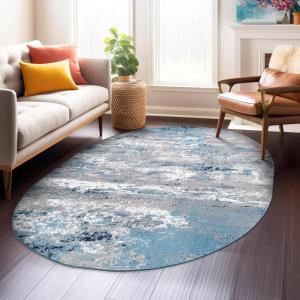 Rugshop Modern Distressed Blue Abstract Oval Area Rug Bohemian Inspired Watercolor for Dining Room, Living Room and Bedroom 5′ x 7′ Oval