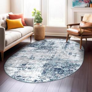 Rugshop Modern Distressed Blue Abstract Oval Area Rug Bohemian Inspired for Dining Room, Living Room and Bedroom 5′ x 7′ Oval