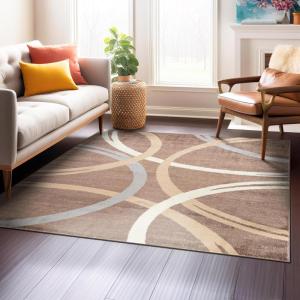 Rugshop Modern Wavy Circles Design Square Rug, Non-Shedding Carpet for Living Room, Bedroom, or Dining Room, Brown, 6’6″ x 6’6″