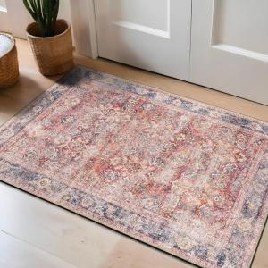Rugshop Ocean/Blue Transitional Vintage Bordered Area Rug — Machine Washable, 5′ X 7′ for Living Room, Bedroom and Home Office(Red)
