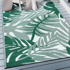 Rugshop Tropical Floral Leaf Reversible Crease-Free Waterproof Premium Recycled Plastic Outdoor Rugs for Patio,Backyard,RV,Deck,Picnic,Trailer,Beach,Camping,Sunroom Navy/Blue 5′ x 7′(Green)