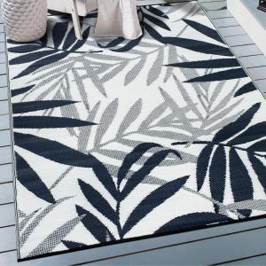 Rugshop Tropical Floral Leaf Reversible Crease-Free Waterproof Premium Recycled Plastic Outdoor Rugs for Patio,Backyard,RV,Deck,Picnic,Trailer,Beach,Camping,Sunroom Navy/Blue 5′ x 7′(Navy)