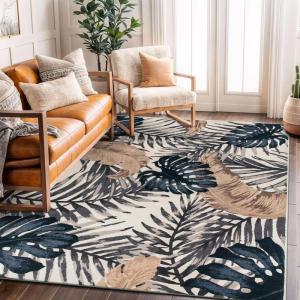 Rugshop Tropical Floral Leaves High Traffic Living Room,Bedroom,Kitchen, Home Office Non Slip Area Rug 5′ x 7′ Beige(Beige)