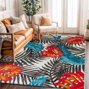 Rugshop Tropical Floral Leaves High Traffic Living Room,Bedroom,Kitchen, Home Office Non Slip Area Rug 5′ x 7′ Beige(Multi Color)