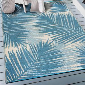 Rugshop Tropical Floral Reversible Crease-Free Waterproof Premium Recycled Plastic Outdoor Rugs for Patio,Backyard,RV,Deck,Picnic,Trailer,Beach,Camping Blue 5′ x 7′(Blue)