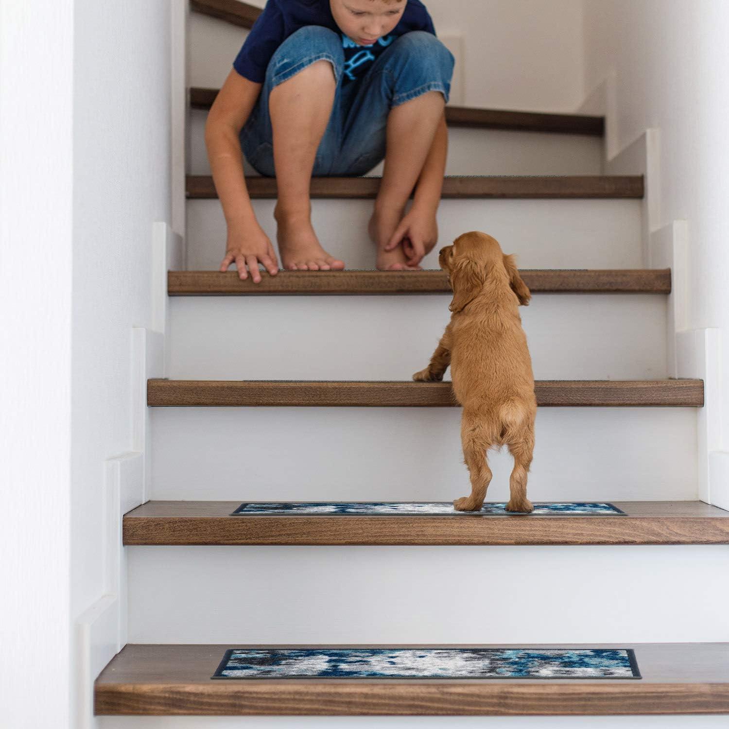 imageRugshop Transitional Abstract NonSlip Stair Treads Set of 13 86 x 26 BlueBlue