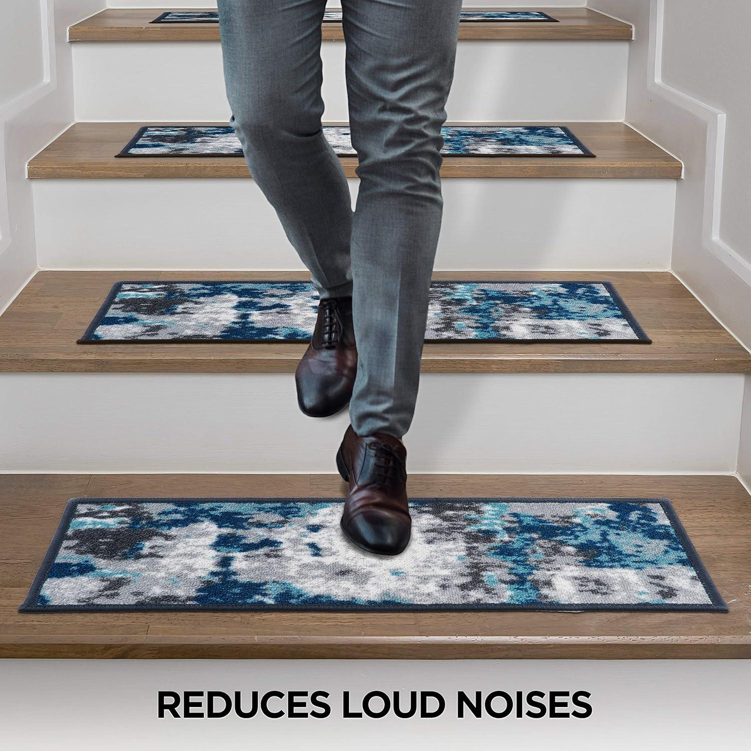 imageRugshop Transitional Abstract NonSlip Stair Treads Set of 13 86 x 26 BlueBlue