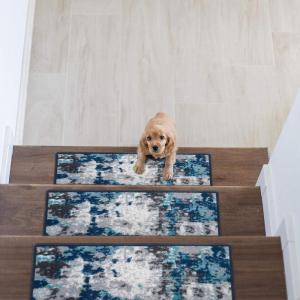 Rugshop Transitional Abstract Non-Slip Stair Treads (Set of 13) 8.6″ x 26″ Blue(Blue)