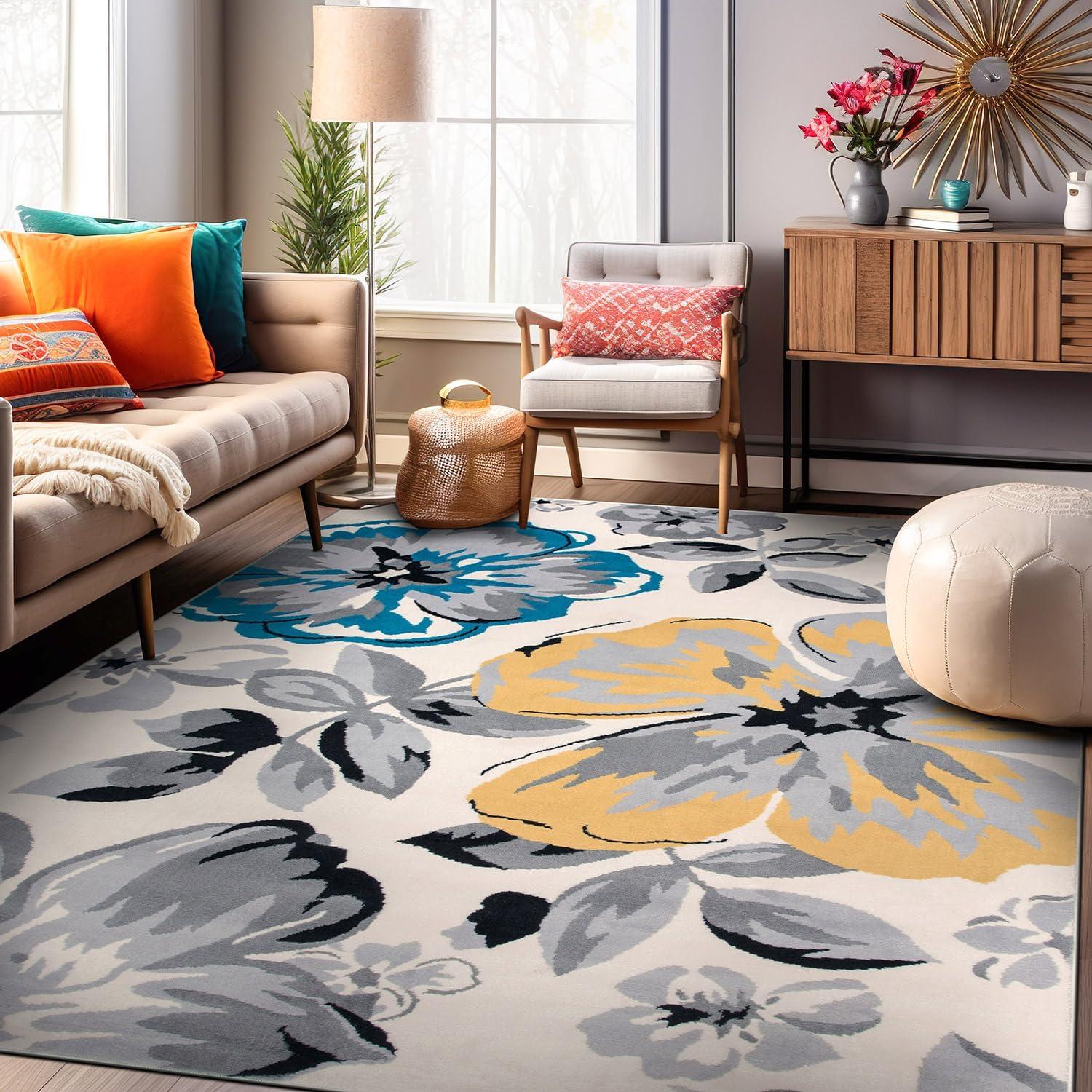imageRugshop Modern Floral Design Area Rug for Living RoomBedroomHome OfficeKitchen Non Shedding Area Rug 2 X 3 BlueCream