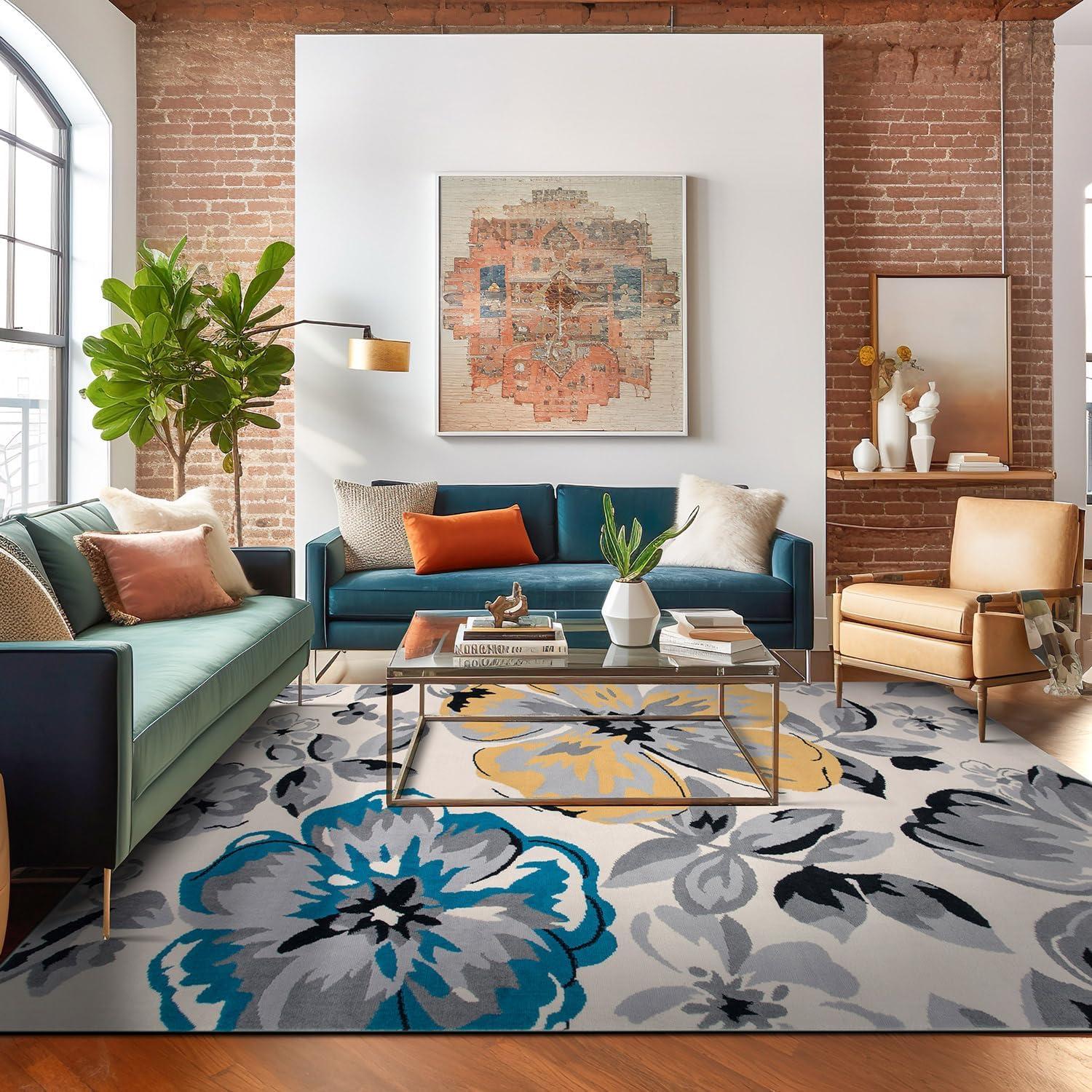 imageRugshop Modern Floral Design Area Rug for Living RoomBedroomHome OfficeKitchen Non Shedding Area Rug 2 X 3 BlueCream