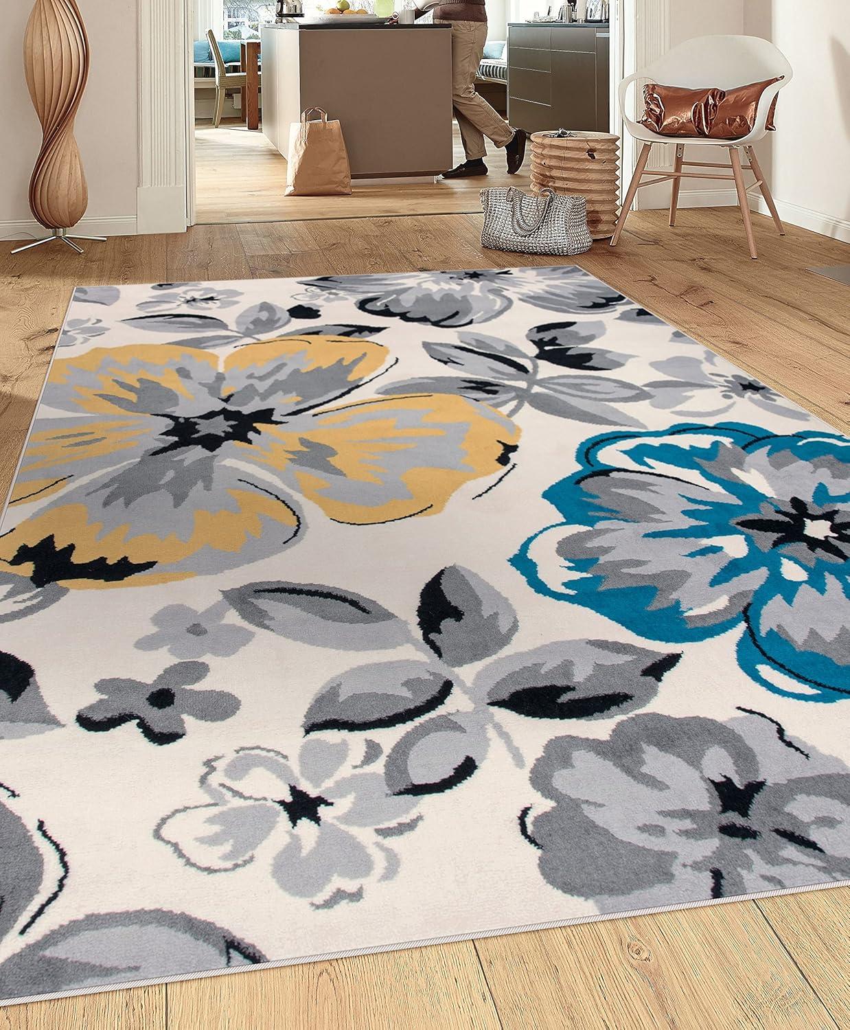 imageRugshop Modern Floral Design Area Rug for Living RoomBedroomHome OfficeKitchen Non Shedding Area Rug 2 X 3 BlueCream