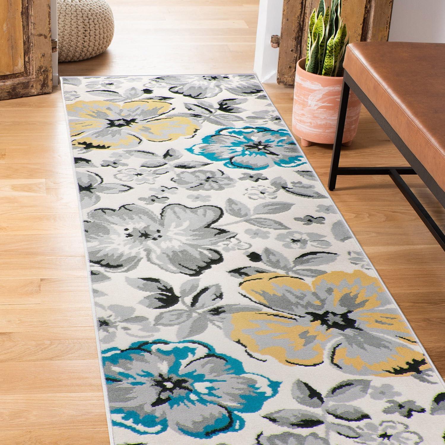 imageRugshop Modern Floral Design Area Rug for Living RoomBedroomHome OfficeKitchen Non Shedding Area Rug 2 X 3 BlueCream