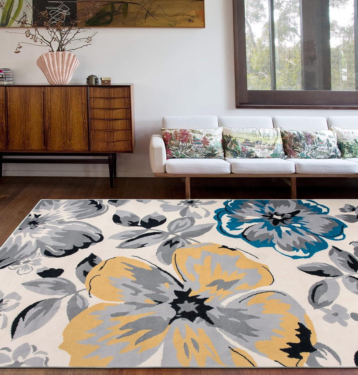 imageRugshop Modern Floral Design Area Rug for Living RoomBedroomHome OfficeKitchen Non Shedding Area Rug 2 X 3 BlueCream
