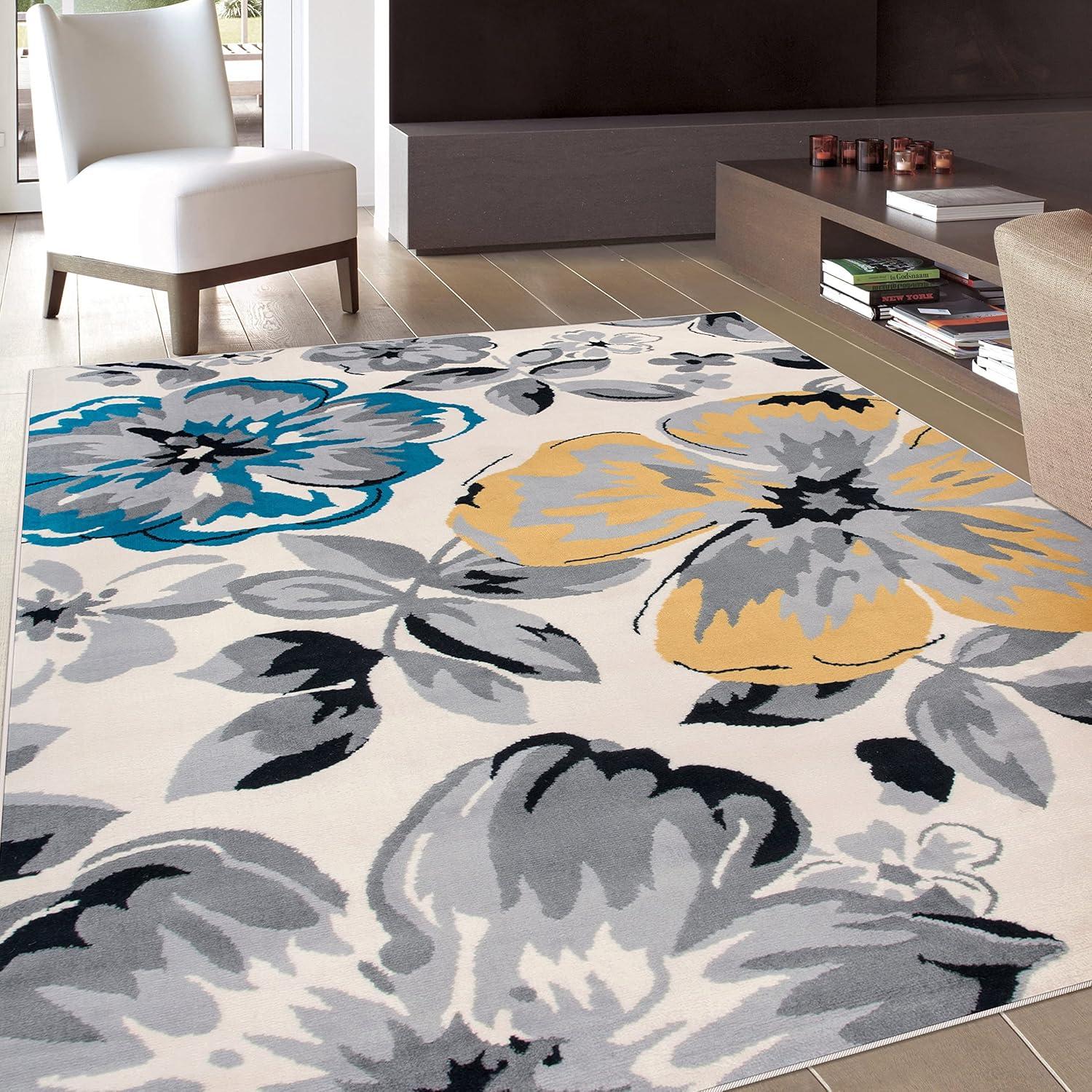 imageRugshop Modern Floral Design Area Rug for Living RoomBedroomHome OfficeKitchen Non Shedding Area Rug 2 X 3 BlueCream