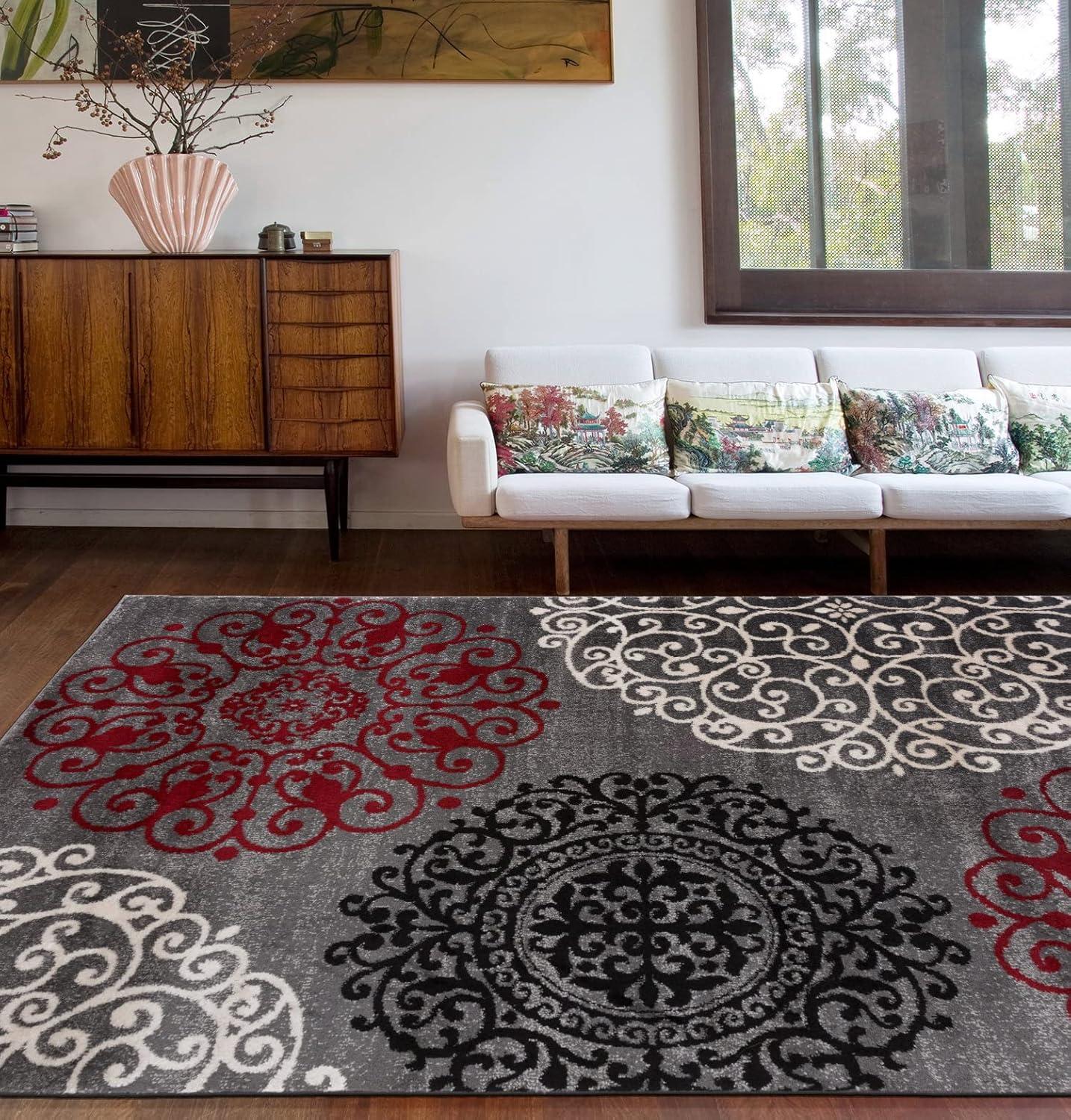 imageRugshop Modern Floral Scroll Area Rug Authentic TurkishMade NonShedding Carpet Alfombras with Jute Backing for Dining Room Living Room and Office Gray 2 x 3Red
