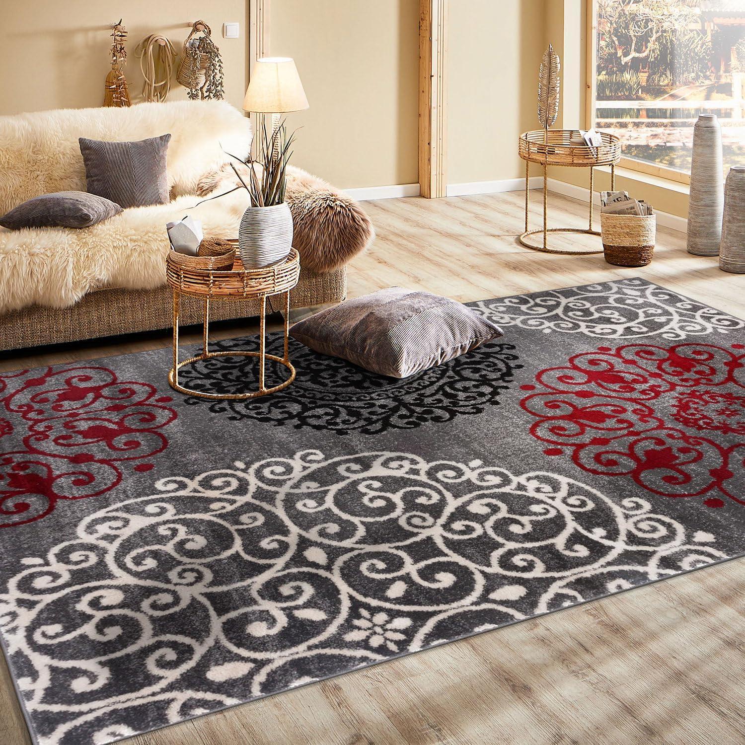 imageRugshop Modern Floral Scroll Area Rug Authentic TurkishMade NonShedding Carpet Alfombras with Jute Backing for Dining Room Living Room and Office Gray 2 x 3Red