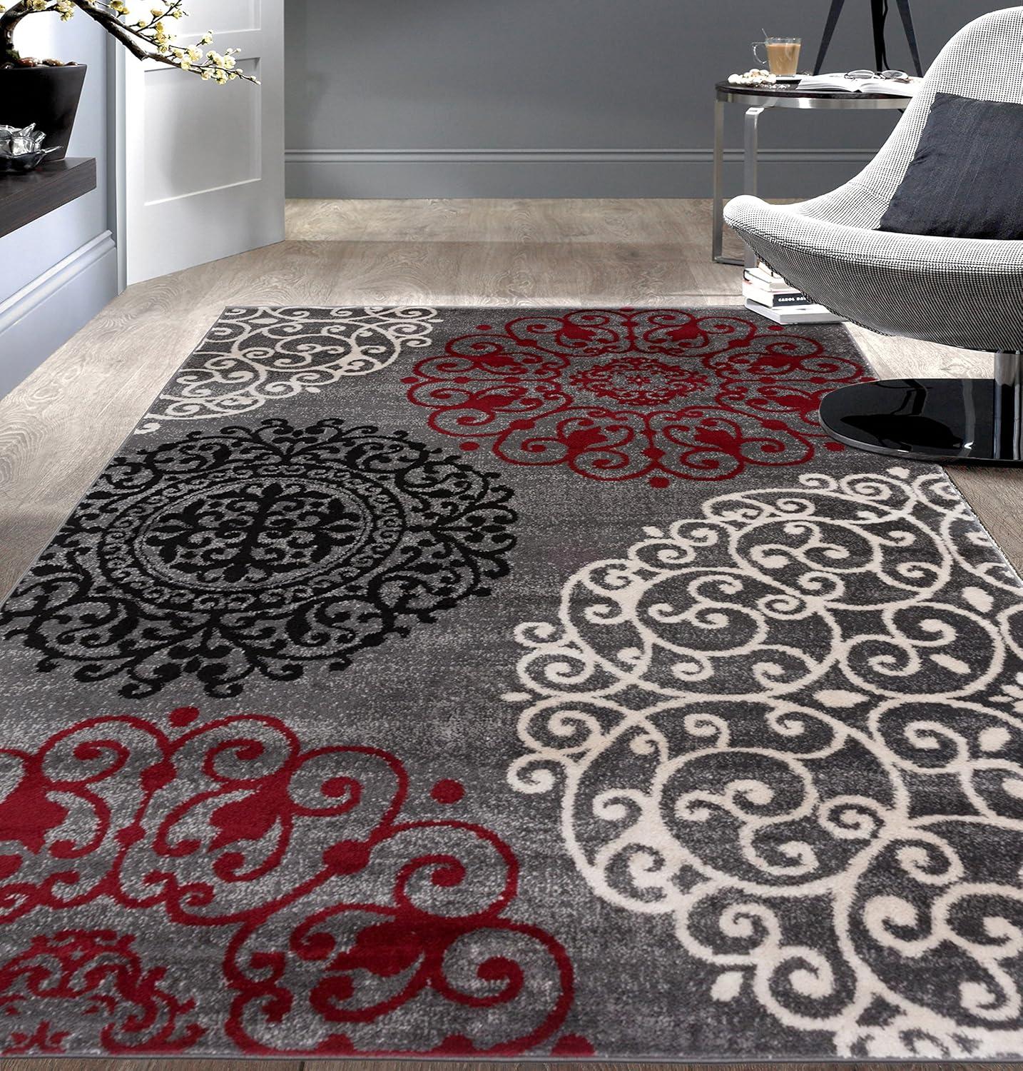 imageRugshop Modern Floral Scroll Area Rug Authentic TurkishMade NonShedding Carpet Alfombras with Jute Backing for Dining Room Living Room and Office Gray 2 x 3Red