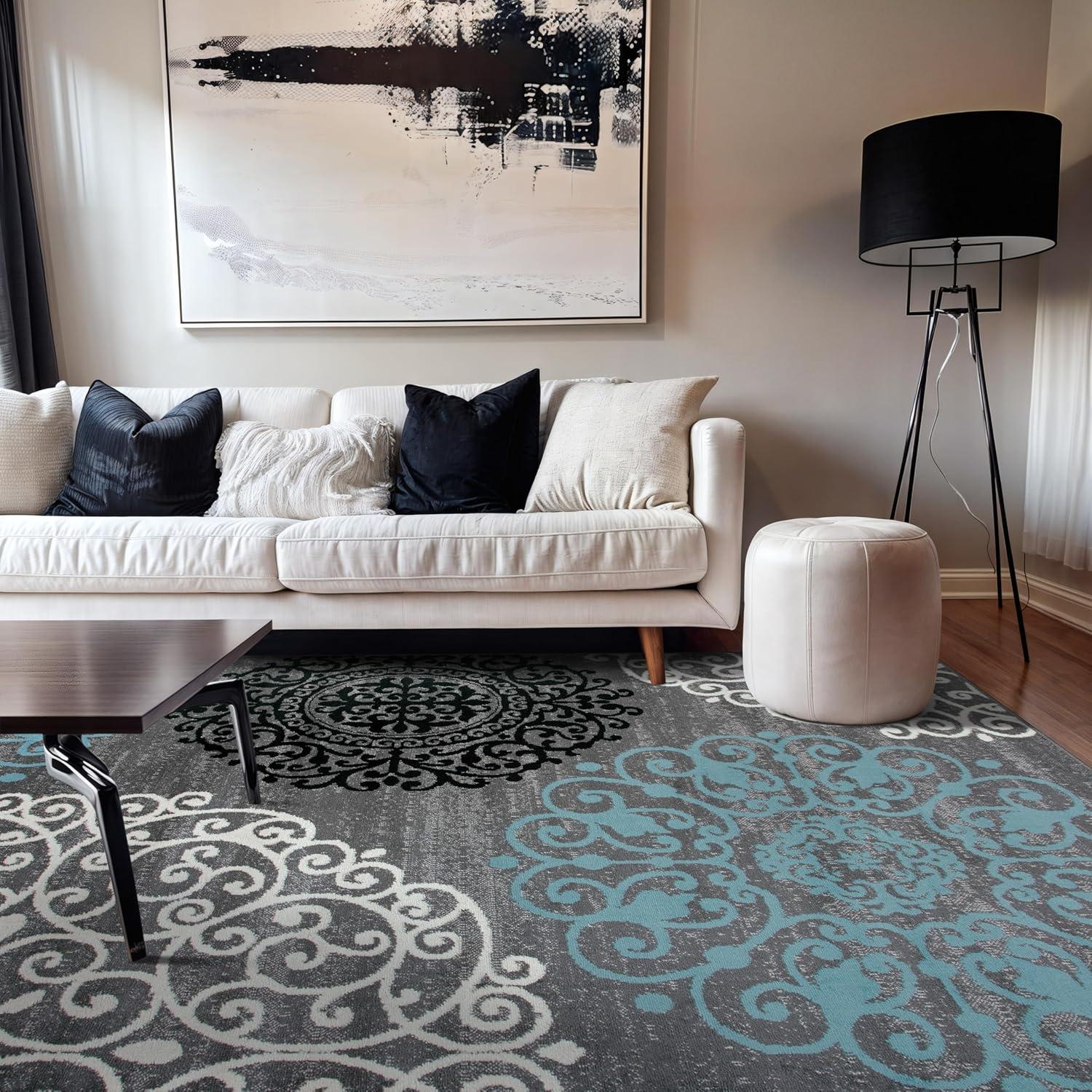 imageRugshop Modern Floral Scroll Area Rug Authentic TurkishMade NonShedding Carpet Alfombras with Jute Backing for Dining Room Living Room and Office Gray 2 x 3Grey