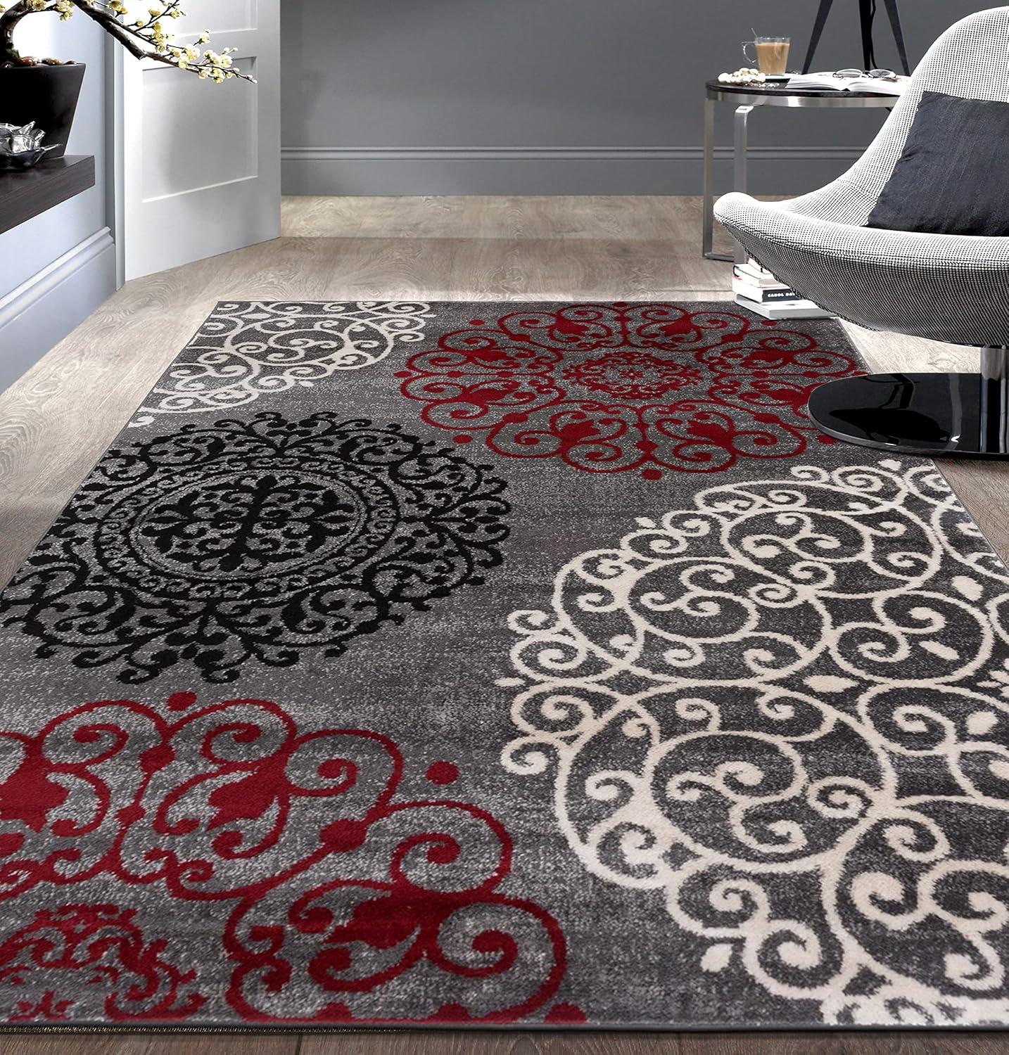 imageRugshop Modern Floral Scroll Area Rug Authentic TurkishMade NonShedding Carpet Alfombras with Jute Backing for Dining Room Living Room and Office Gray 2 x 3Red