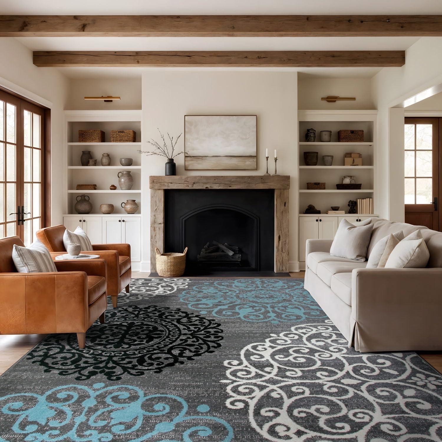 imageRugshop Modern Floral Scroll Area Rug Authentic TurkishMade NonShedding Carpet Alfombras with Jute Backing for Dining Room Living Room and Office Gray 2 x 3Grey