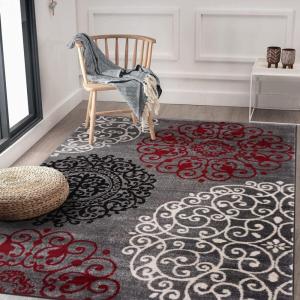 Rugshop Modern Floral Scroll Area Rug, Authentic Turkish-Made Non-Shedding Carpet Alfombras with Jute Backing for Dining Room, Living Room and Office, Gray, 2′ x 3′(Red)